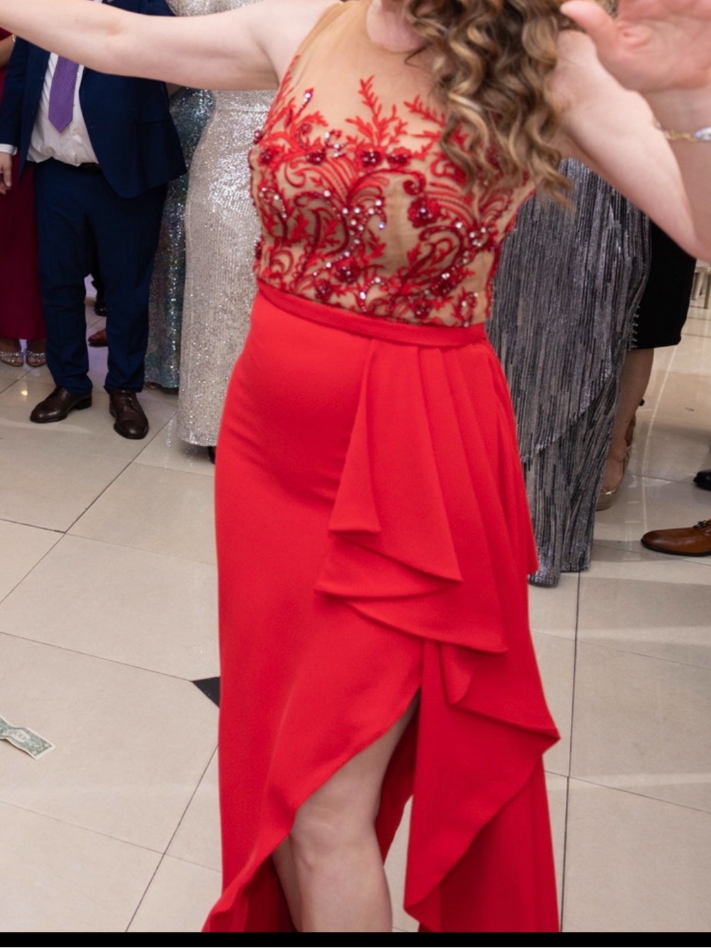 Adrianna Papell Red Embellished Maxi Dress with Sheer Bodice